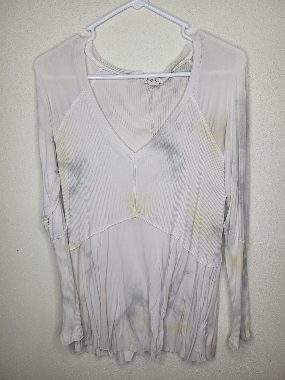 POL Light Tie-Dye V-Neck Long Sleeve Top - Cream, Gray, Pale Yellow